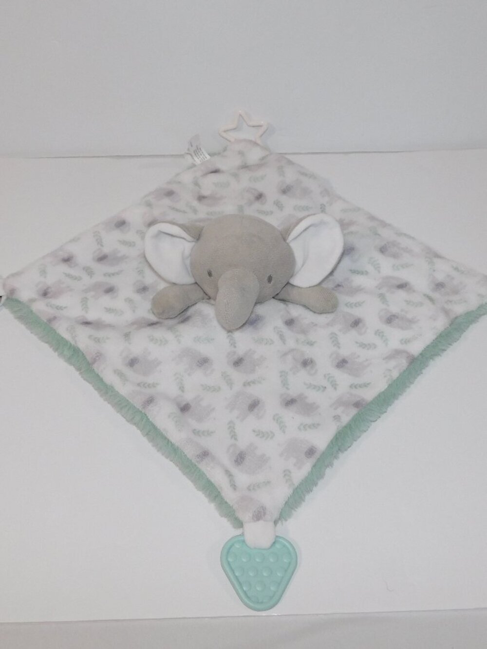 Dreamgro Gray Green White Plush Elephant Security blanket with Teether Rattle